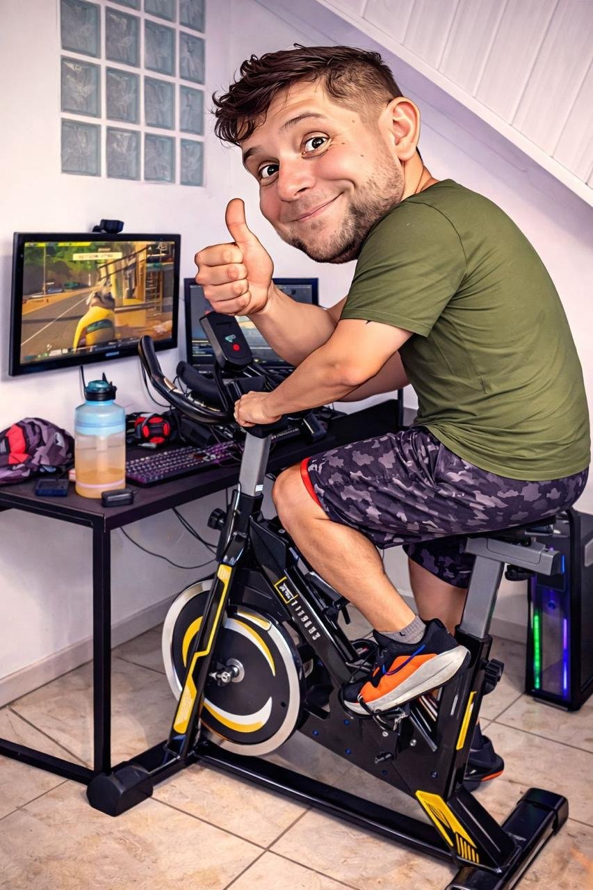 Cauê pedalando na bike spinning
